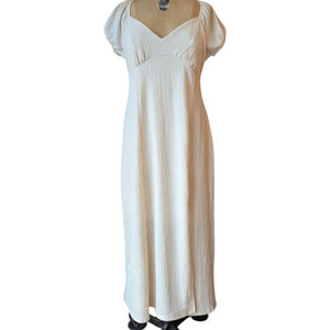 Short Puffed Sleeve Crepe Midi Dress Sz L Smocked Back Cream Sweetheart Neckline